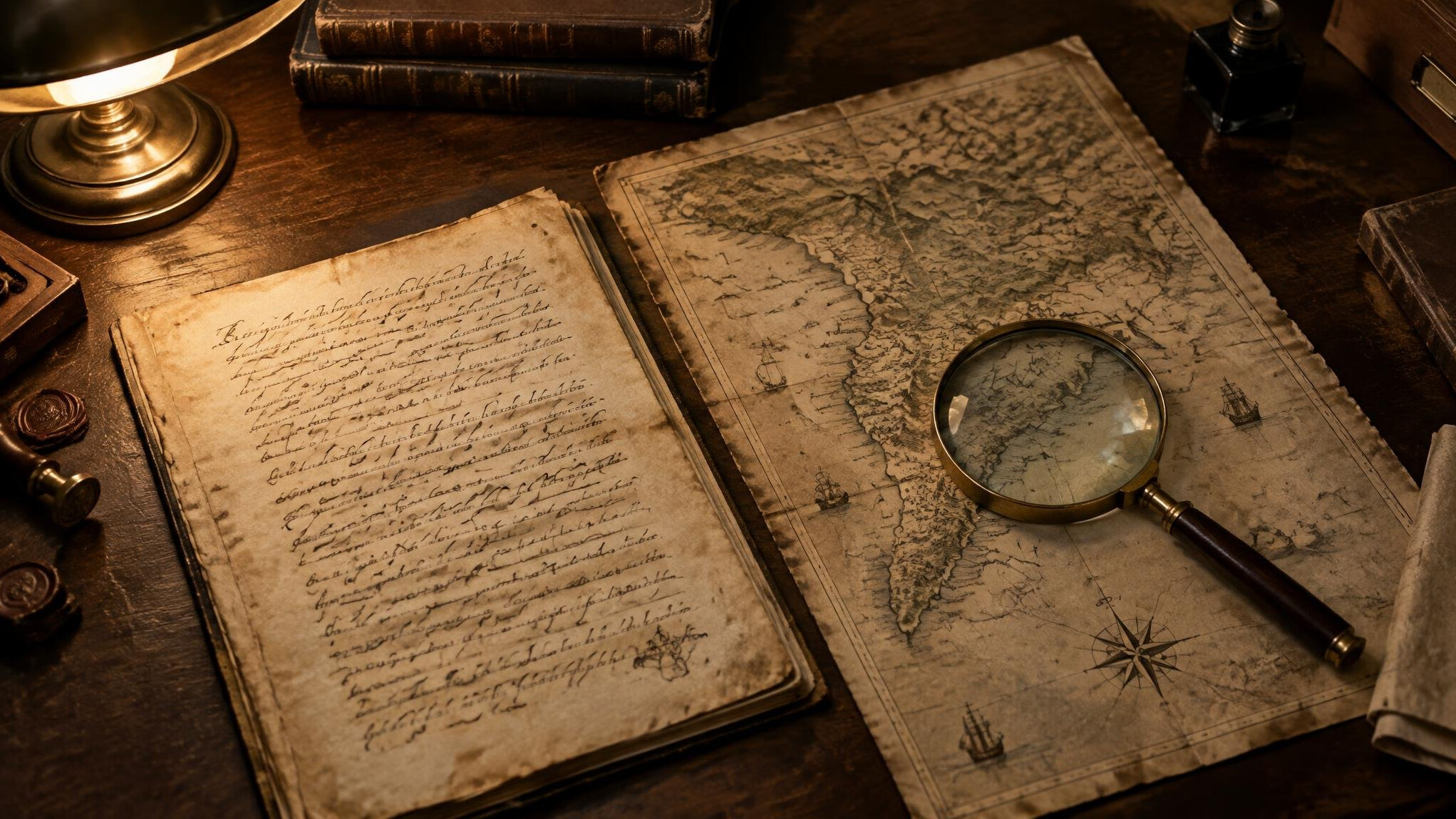 Antique handwritten manuscript and map on a wooden desk