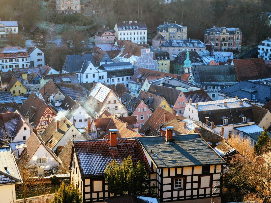 Historical engraving illustration of a German old town skyline