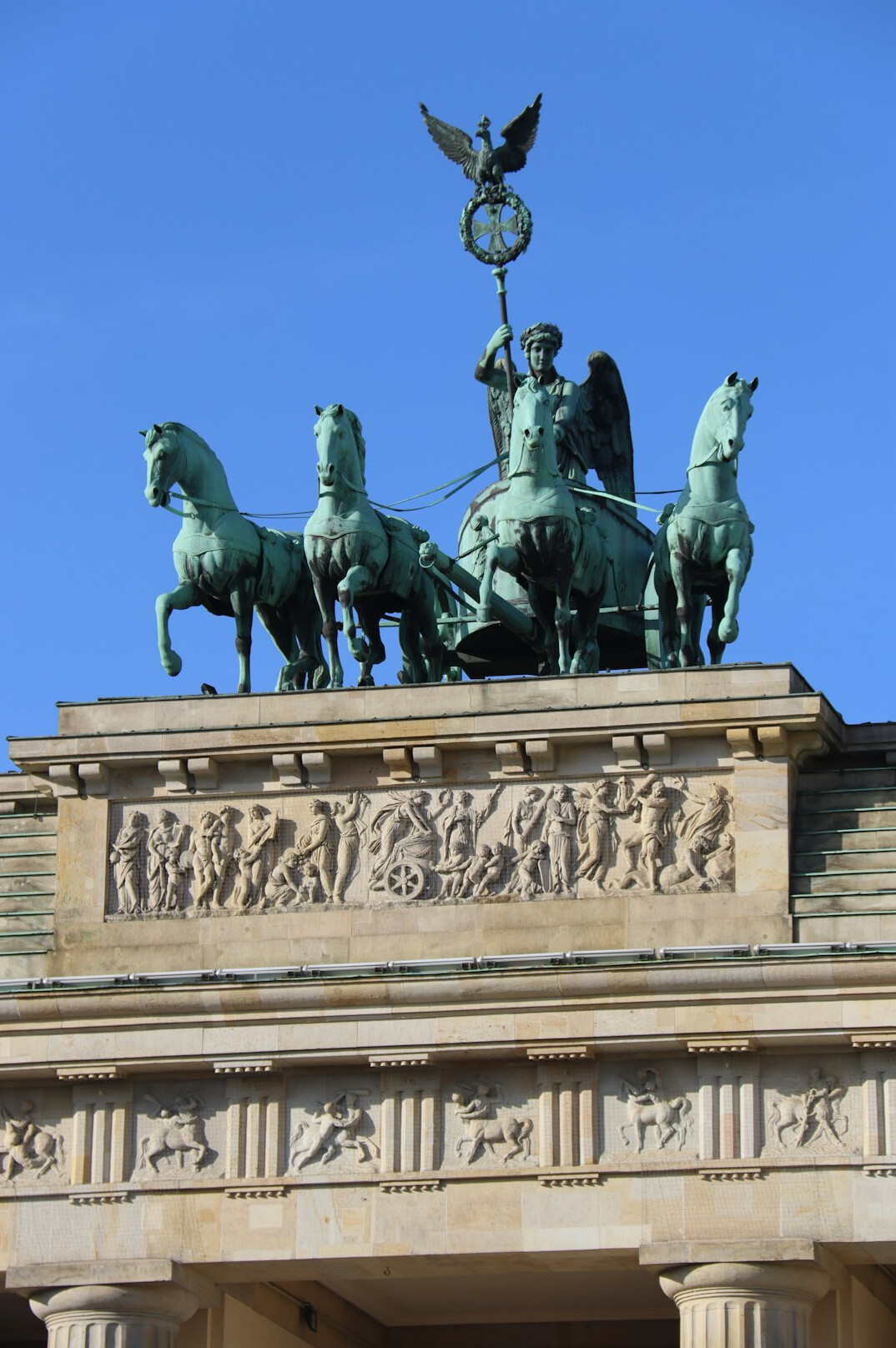 Detailed view of the quadriga statue atop the Brandenburg Gate