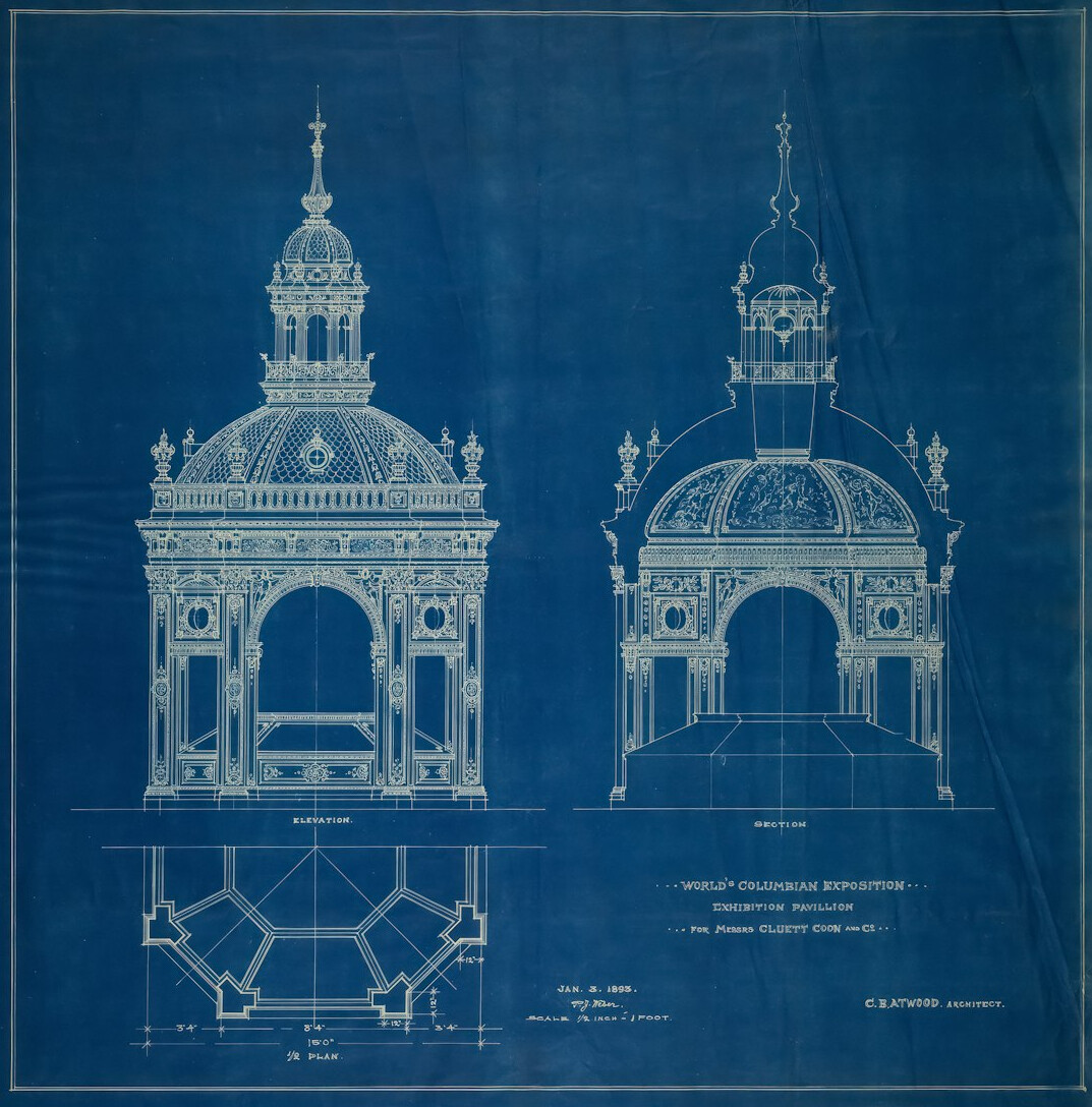 Historic architectural blueprint drawing of a cathedral facade